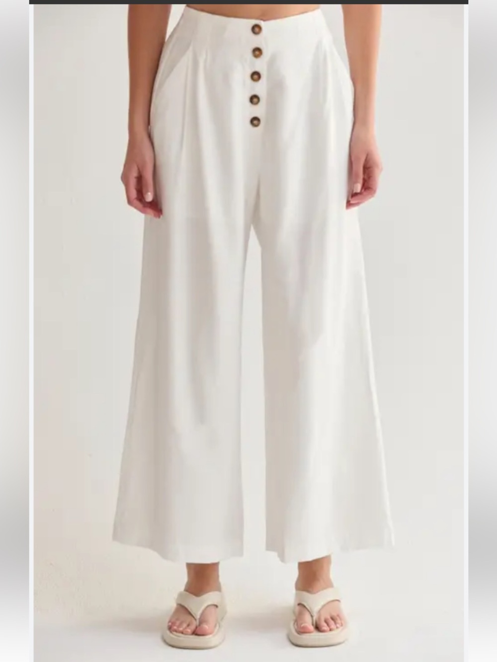 Sugar Lips fully lined Wide-Leg Cream Button-Front Pants cotton/linen blend